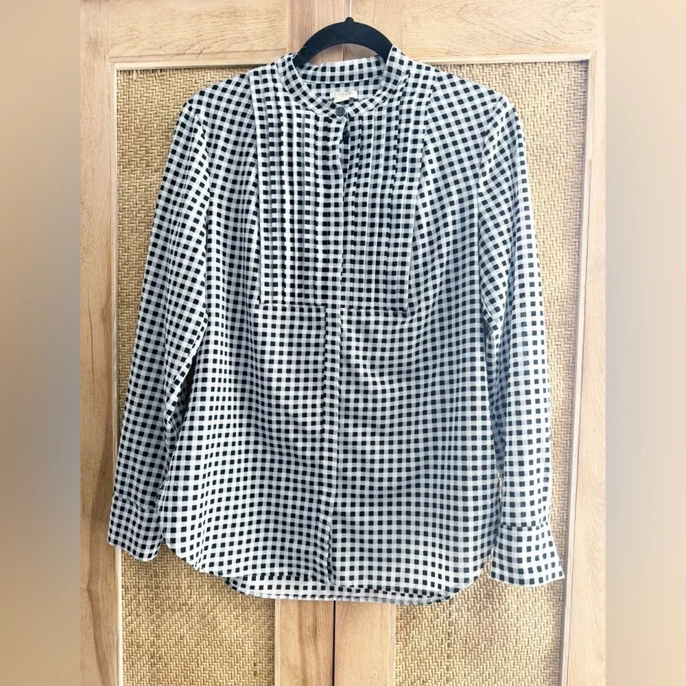 J. Crew Gingham Plaid Long Sleeve Blouse Size Small Black White Pleated Office
